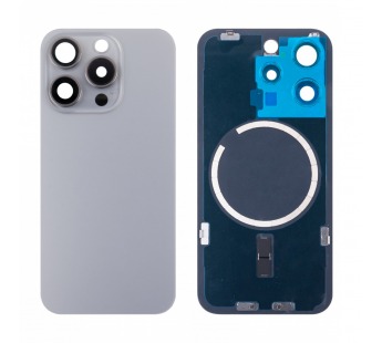 Задняя крышка для iPhone 15 Pro (A3102) в сборе со стеклом камеры Серый (стекло, монолит, MagSafe, логотип) - Премиум#2069891
