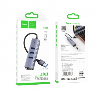 Адаптер-Хаб Hoco HB34 (USB to USB3.0*3+RJ45), серый#1966446