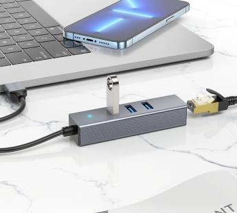 Адаптер-Хаб Hoco HB34 (USB to USB3.0*3+RJ45), серый#1966453