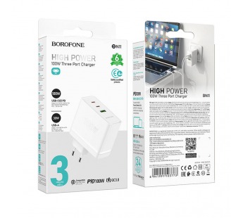 Адаптер Сетевой Borofone BN11 Imperial PD GaN 2Type-C/USB 100W (white) (225518)#1970960