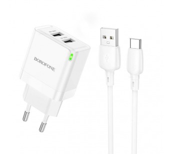 Адаптер Сетевой с кабелем Borofone BN15 Strong 2USB 2,1A/10,5W (USB/Type-C) (white) (225515)#1970914