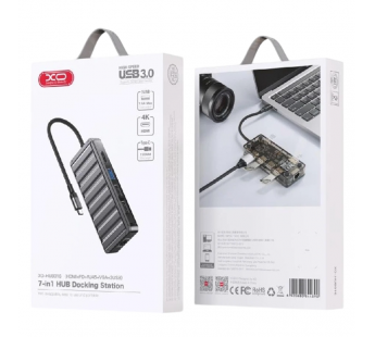 Адаптер-хаб XO HUB016 7в1 (USB3.0+2*USB2.0+HDMI+Type-С+RJ45+VGA), серый#2141934