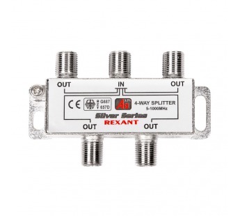 Делитель на 4ТВ 1вход F-гн. - 4 выхода F-гн. 5-1000МГц + 5шт.F Silver в коробочке "Rexant"#2047893