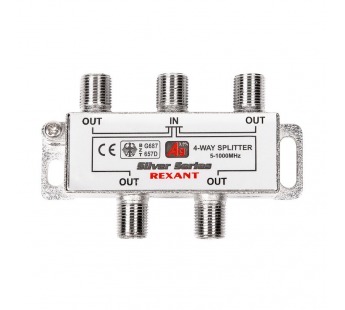 Делитель на 4ТВ 1вход F-гн. - 4 выхода F-гн. 5-1000МГц + 5шт.F Silver в коробочке "Rexant"#2079339