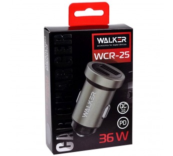AЗУ WALKER WCR-25, 3А, 36Вт, USBx1/Type-Cx1, быстрая зарядка QC 3.0+PD, блочок, серое#1989855