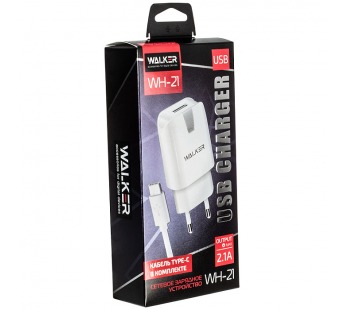 CЗУ WALKER 2в1 WH-21, 2.1А, 10,5Вт, USBx1, блочок + кабель Type-C, белое#1990570