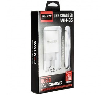 CЗУ WALKER 2в1 WH-35, 3А, 15Вт, USBx1, быстрая зарядка QC 3.0 блочок + кабель Micro, белое#1990157