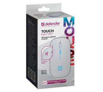 Мышь беспроводная DEFENDER Touch MM-997, белый, 2.4+BT, RGB, 500mAh,бесшумная#1990845