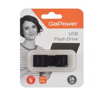 USB 2.0 Flash накопитель 16GB GoPower SLIDER, пластик чёрный#1990639