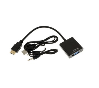 Переходник шт. HDMI - гн. VGA + гн.3,5, активный, шнур шт.3,5мм-шт.3,5мм в комплекте, чёрный GoPower#2045135