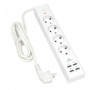 Сетевой фильтр Cablexpert Exnovo, 4 розетки 16А, 3.5кВт, L=2,0м, 4гн.USB 2.4A, белый#2090340