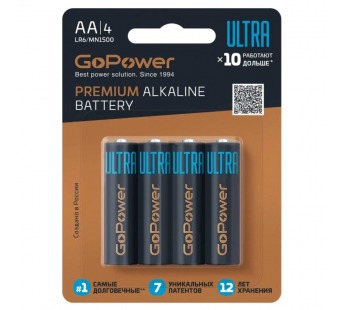 Элемент питания GoPower ULTRA LR6 AA BL4 Alkaline 1.5V (4/40/480)#2007381