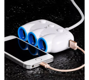 Автомобильный разветвитель прикуривателя Hoco C1 3in1 (повр. уп.)  2USB (white) (231731)#1999523