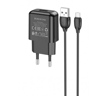 Адаптер Сетевой с кабелем Borofone BA64A (повр. уп.) USB 2,1A/5W (USB/Micro USB) (black) (231714)#1999625