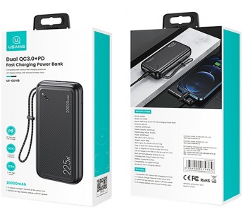 Внешний аккумулятор 20000 mAh USAMS US-CD168 PB60 (2USB/QC/PD/22.5W) черный#2047995