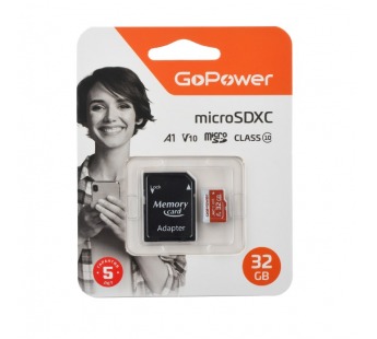 Карта памяти MicroSDHC 32GB GoPower (UHS-I, U3, class10, 60мб/сек V10) c адаптером SD#2011188