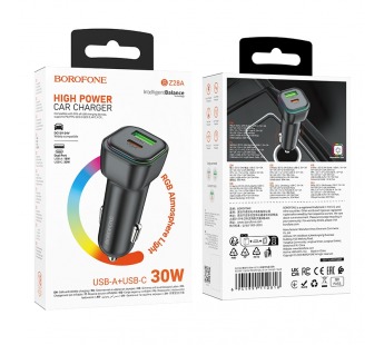 Адаптер автомобильный BOROFONE BZ28A PD 30W+QC 3.0 (черный)#2115815