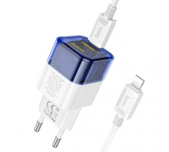 Адаптер Сетевой Hoco C125A Transparent PD Type-C 3A/20W + кабель Type-C-Apple Lightning (blue/white)#2029039