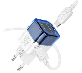 Адаптер Сетевой Hoco C125A Transparent PD Type-C 3A/20W + кабель Type-C-Apple Lightning (blue/white)#2029040