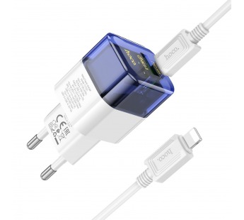 Адаптер Сетевой Hoco C131a USB/Type-C 30W + кабель Type-C-Lightning (transparent blue)#2029059