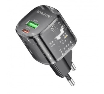 Адаптер сетевой Borofone BN17 (20W, QC3.0, PD, 2 порта, прозрачный корпус) Черный#2063175