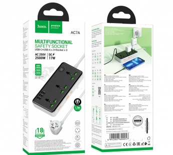 Сетевой удлинитель Hoco AC7A, 1.5м, EU/UK/US + (1C3A), 2500W/USB 17W, черный#2034865