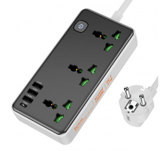 Сетевой удлинитель Hoco AC7A, 1.5м, EU/UK/US + (1C3A), 2500W/USB 17W, черный#2034887