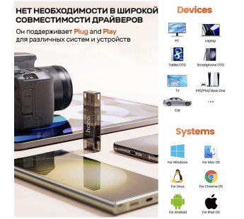 КартРидер Hoco DHD01 2в1 (Micro SD/SD) USB/Type-C 2.0 черный#2034880