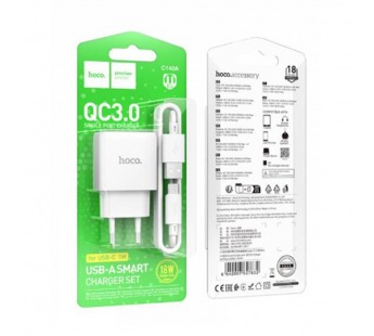 СЗУ с выходом USB Hoco C140A (18W/QC3.0/1USB/кабель Type-C) белое#2040026