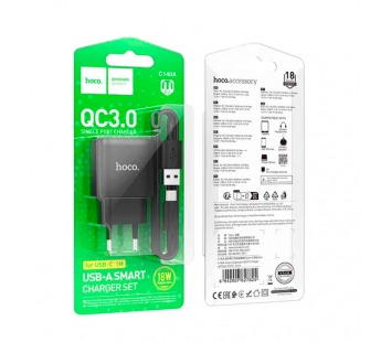 СЗУ с выходом USB Hoco C140A (18W/QC3.0/1USB/кабель Type-C) черное#2053072