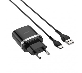 Адаптер постоянного тока Hoco C12Q, 1гн.USB 5В QC 3,0 + кабель Type-C, чёрный#2040639