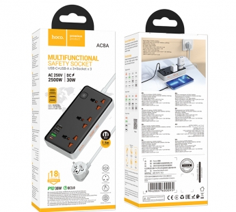 Сетевой удлинитель Hoco AC8A, 3м, EU/UK/US + (PD30W/1C3A), 2500W, черный#2047174