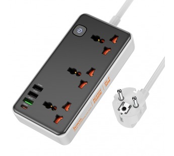 Сетевой удлинитель Hoco AC8A, 5м, EU/UK/US + (PD30W/1C3A), 2500W, черный#2079577