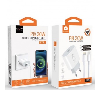 Сетевое зарядное устройство Type-C WUW T79L (1Type-C PD 20W + Кабель Type-C - Lightning) Белый#2075979