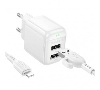 Адаптер Сетевой с кабелем Borofone BAS41A Potential 2USB 2,4A/12W (Lightning/USB) (white) (235125)#2048050