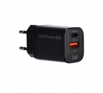 Адаптер постоянного тока 220В с выходом 1гн.QC3.0 + гн.Type-C PD 35Вт, GAN, чёрный GPQC09 "GoPower"#2050743