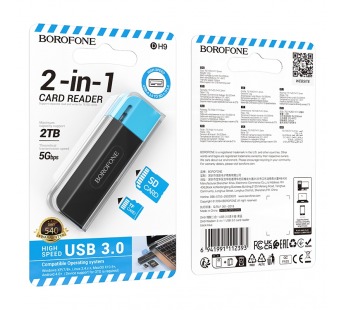 КартРидер BOROFONE DH9 2в1 (Micro SD/SD) USB 3.0 голубой#2055053