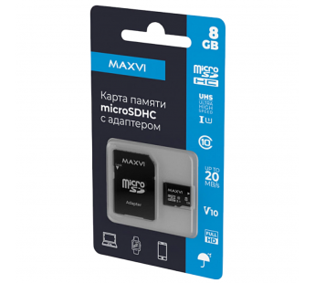 8Gb карта памяти MAXVI microSD + SD адаптер class10 UHC-I#2059282