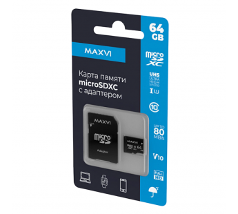 64Gb карта памяти MAXVI microSD + SD адаптер class10 UHC-I#2059263