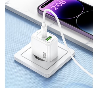 СЗУ с выходом USB Hoco CS55A (PD30W/QC/1USB C/1USB/кабель Type-C - Lightning) белое#2058791