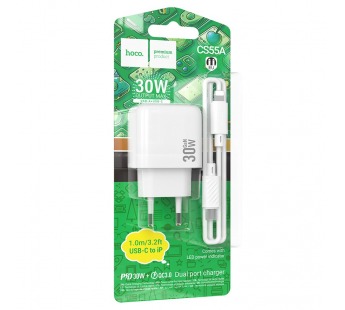 СЗУ с выходом USB Hoco CS55A (PD30W/QC/1USB C/1USB/кабель Type-C - Lightning) белое#2061722