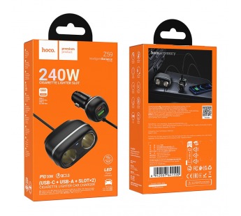 АЗУ Hoco Z59 40W PD30W, быстрая зарядка (PD30W+QC3.0), USB-C+USB+2 гнезда прикуривателя, цвет черный#2068149