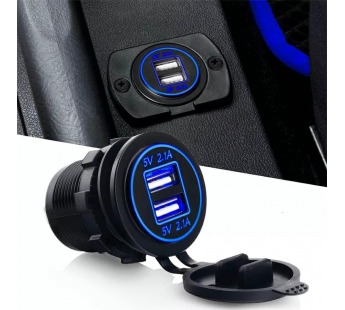 Разъем автомобильный 2гн.USB 2,1A, 5V, подключение 12/24В, синяя подсветка#2070408