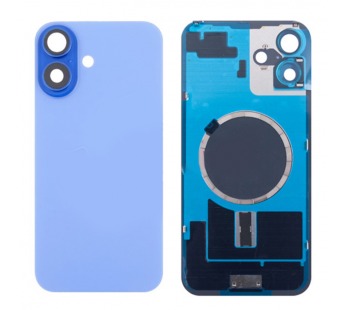 Задняя крышка для iPhone 16 (A3287) в сборе со стеклом камеры Голубой (стекло, монолит, MagSafe, логотип) - Премиум#2103077
