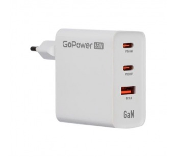 Адаптер постоянного тока 220В с выходом 1гн.QC3.0 + 2гн.Type-C PD 65Вт, GAN, белый GPQC10 "GoPower"#2073014