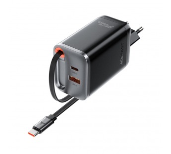 Сетевое зарядное устройство USB/Type-C Acefast A111 (67W, QC3.0, PD, 2 порта, GaN, выдвижной кабель Type-C) Черный#2073041