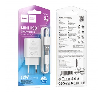 Адаптер постоянного тока Hoco C134A, 1гн.USB 5В,2,4А + кабель micro USB, белый#2132016