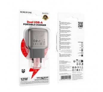 Адаптер сетевой BOROFONE BAS51A (2USB/2.4A/12W) черный#2079113