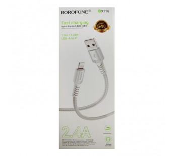 Кабель USB - Lightning BOROFONE BX116 (2.4A/1m/текстиль) белый#2082169
