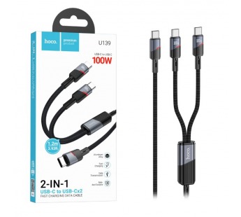 Кабель Type-C - 2 в 1 (Type-C + Type-C) Hoco U139 (5A, 100W, PD, оплетка ткань, 1.2 м) Черный#2092765